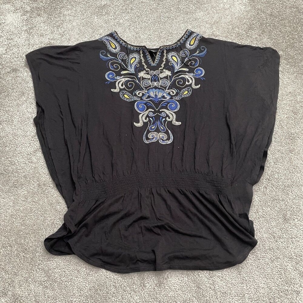 Style & Co. Bohemian Embroidered Blouse Womens Medium Black Elastic Casual NWT